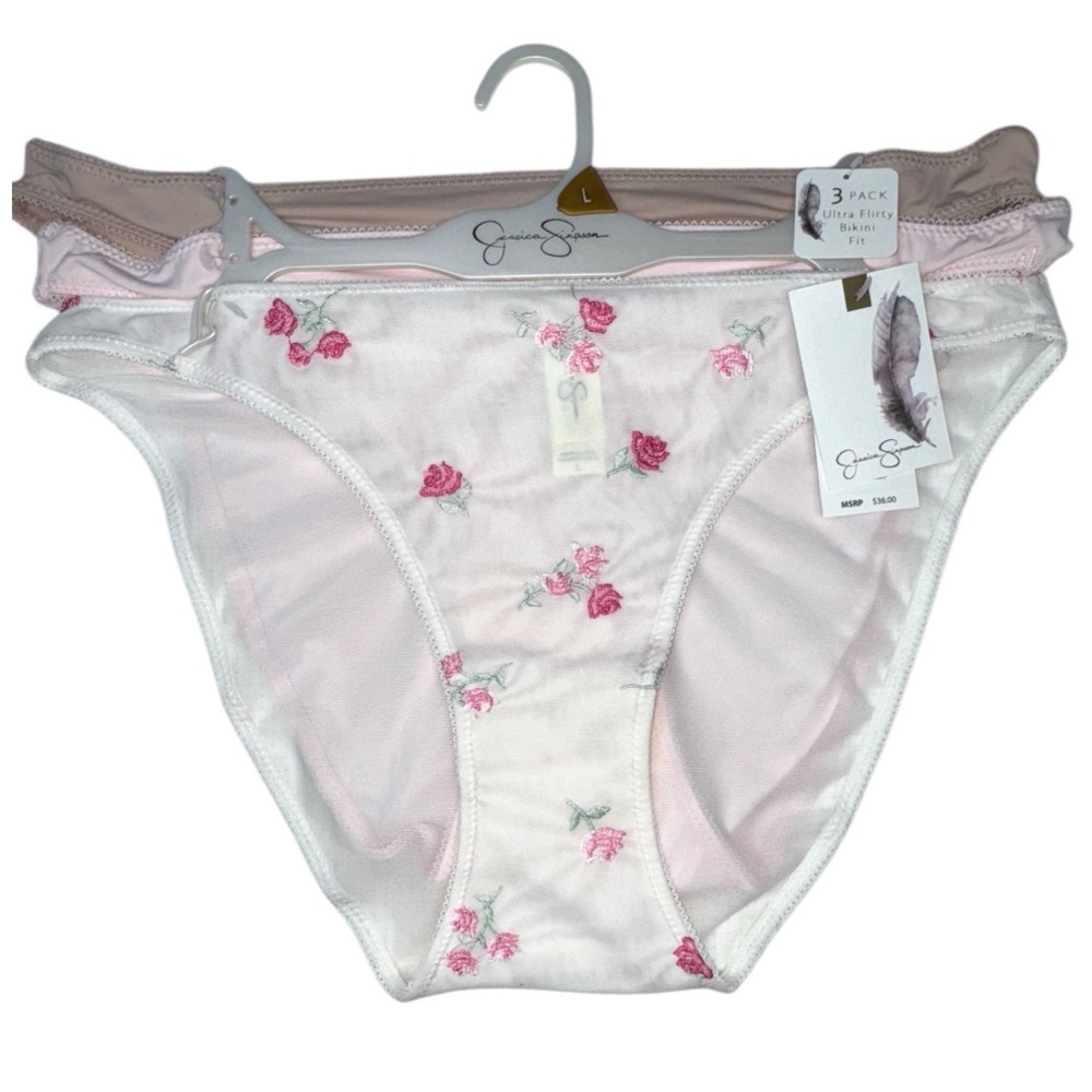 🌟 JESSICA SIMPSON NWT 3-PACK BIKINI FIT ULTRA FLIRTY Nylon Floral Size L 🎀